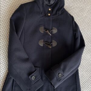 Elegant Navy Blue Toggle Pea Coat with hoodie